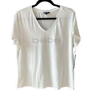 bebe New w Tag XL White Rhinestone Logo Tee V Neck